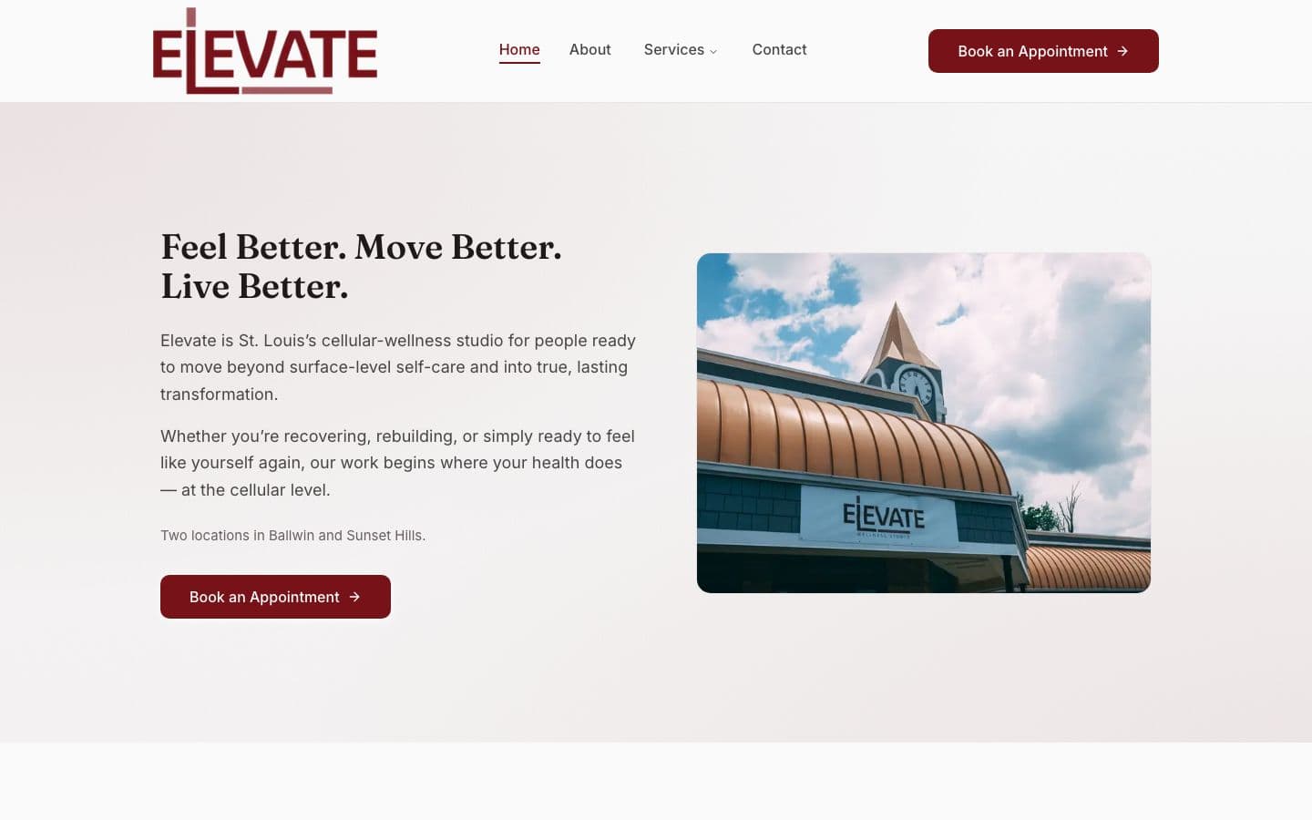 Elevate Wellness Studio website, desktop view