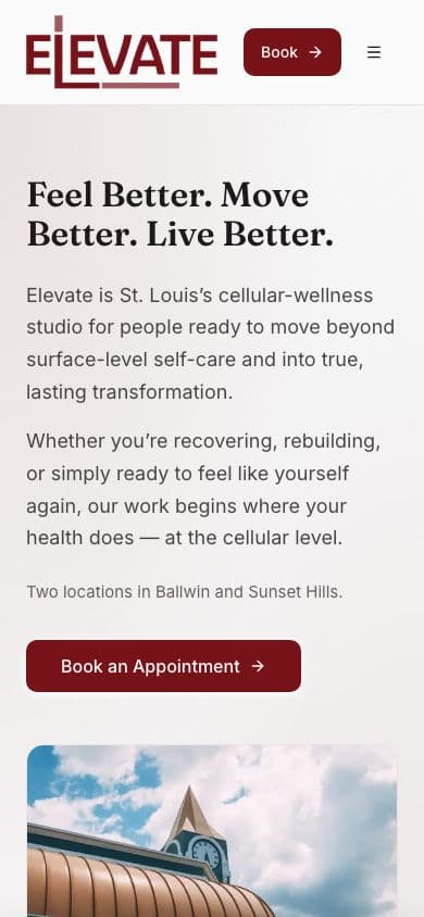 Elevate Wellness Studio website, mobile view